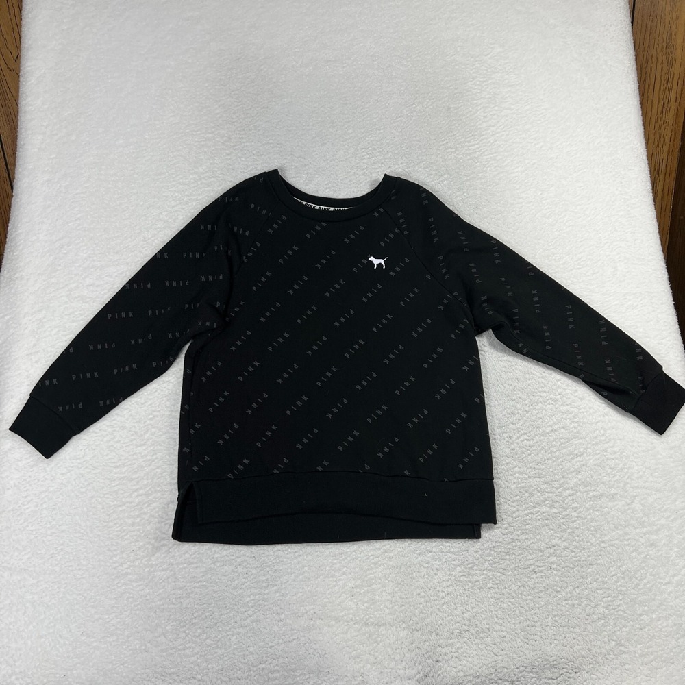 VICTORIAS SECRET VS PINK SWEATSHIRT WOMENS S BLACK PRINT CREWNECK DOG LOGO CREW